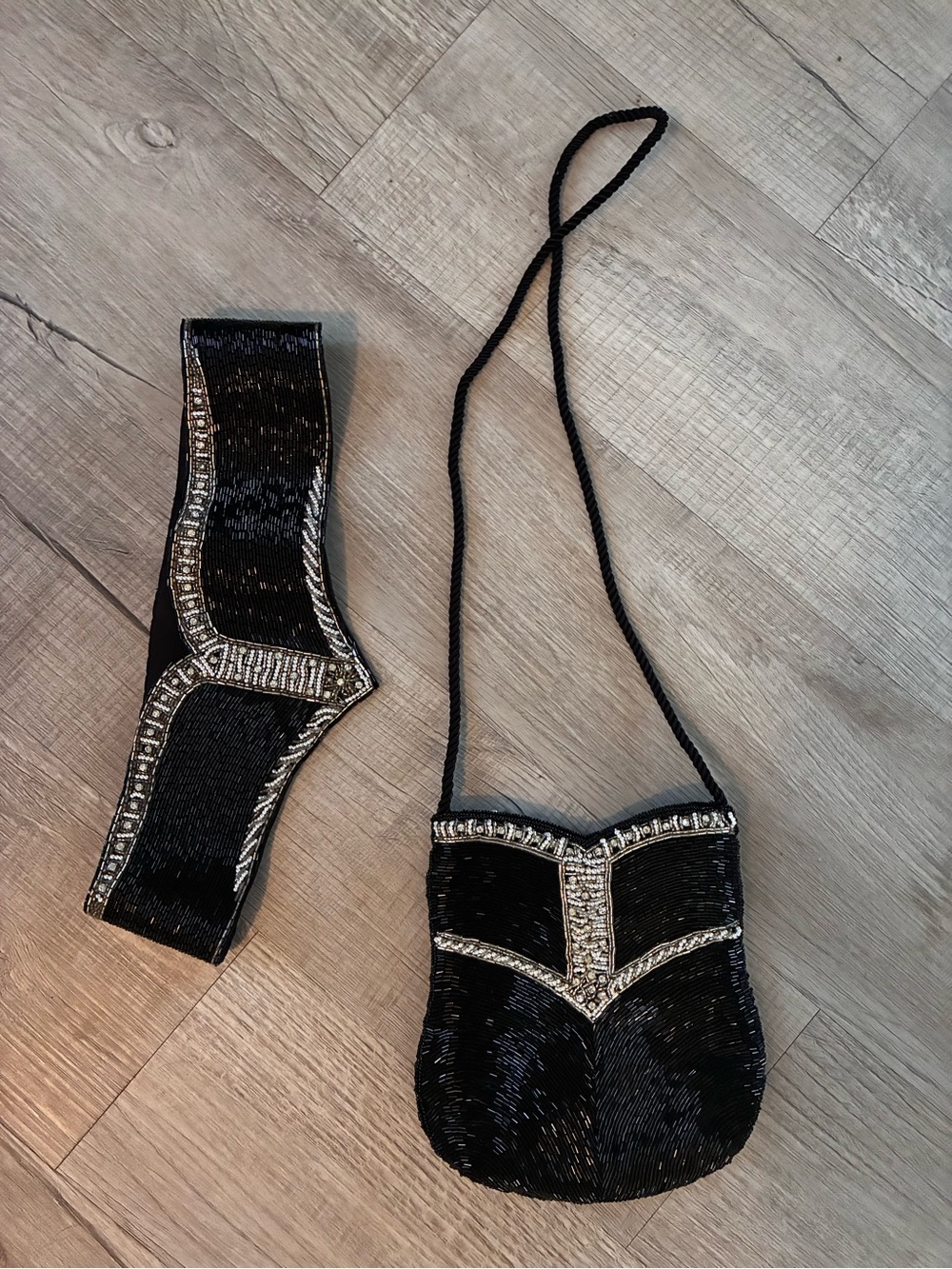 New Vintage Beaded Black Evening Bag and Matching Belt, Jerome STUNNING